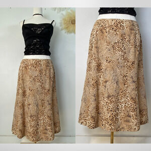Vintage Talbots Womens 100% Silk Leopard Print Midi Skirt Size 12 Grunge Gothic